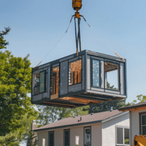 home being assembled from prefabricated modules